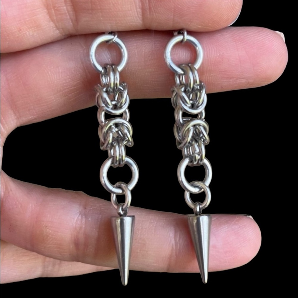 Handmade maille silver spike dangly stainless steel earrings boho goth silver